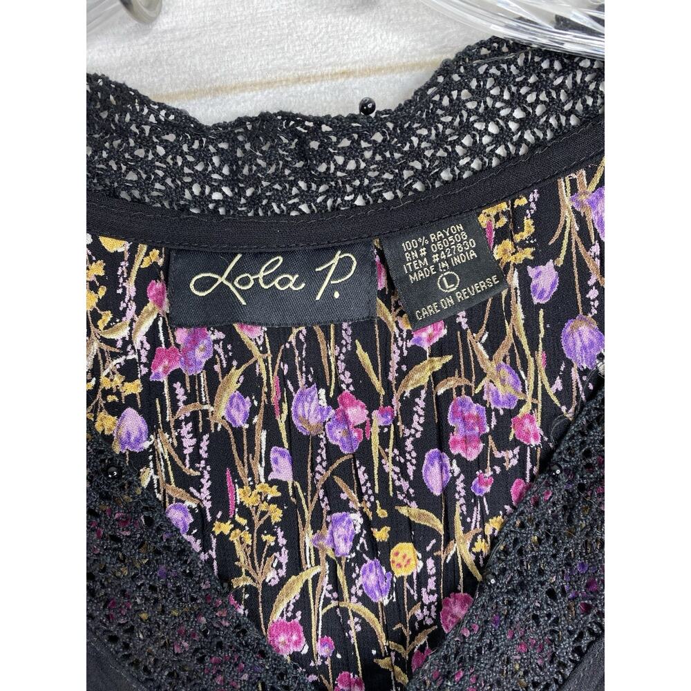 Lola P Floral Maxi Dress L Black Lined Layered Crinkled Sleeveless Whimsygoth - Picture 4 of 10